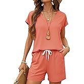 LOMON 2 Piece Short Sets for Women 2026 Spring Summer Lounge Outfits Sets Short Sleeve Trendy Casual Matching Clothing Set