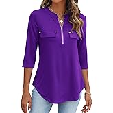 Halife Women's 3/4 Length Sleeve V Neck Flowy Tunic Blouses Work Tops Shirts with Zippers