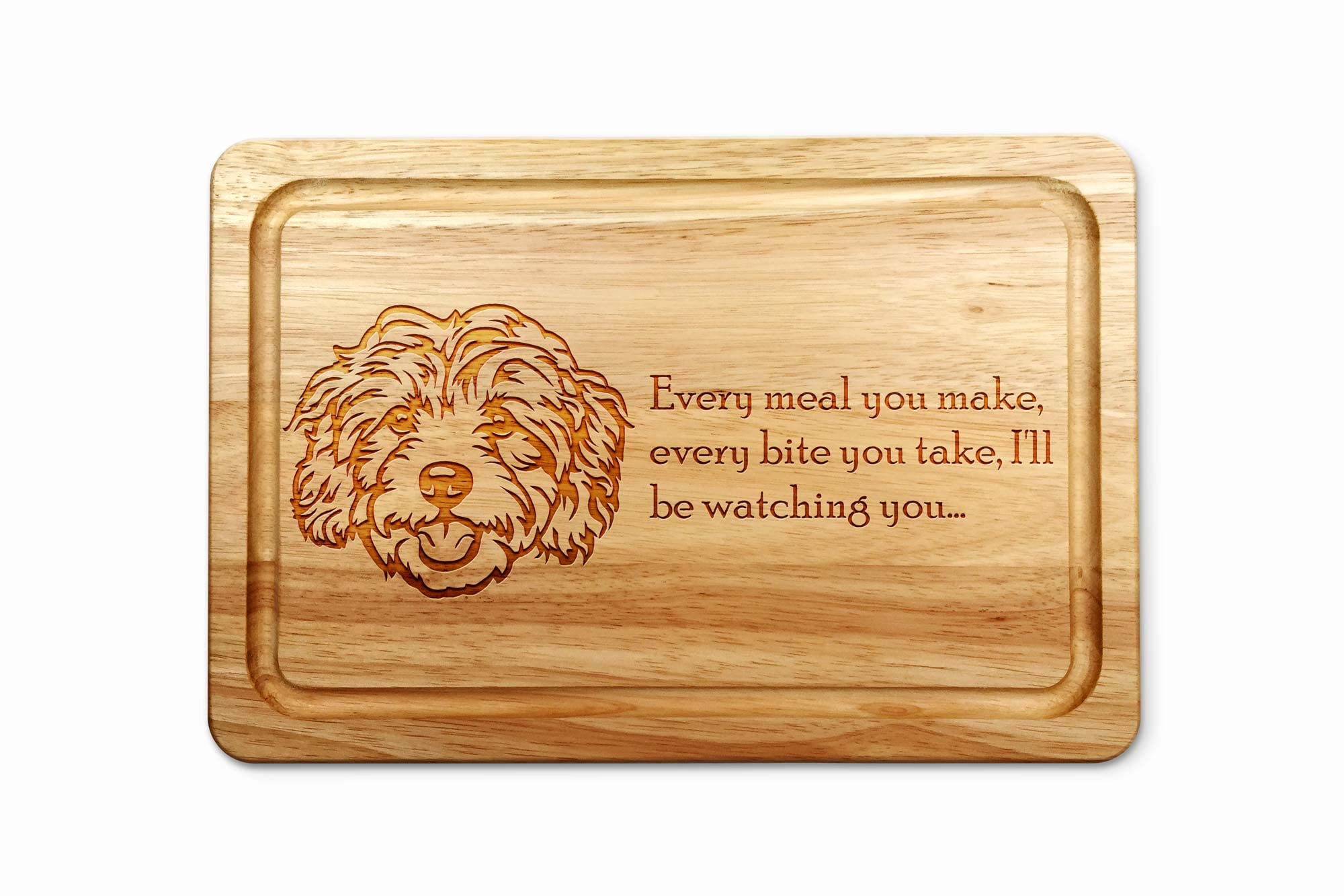 Hardwood Chopping Board with Cavapoo Dog Design - 30x20 cm Kitchen Cutting Board with Juice Groove - Gift Idea for Him or Her, Christmas & Birthdays - Made in The UK