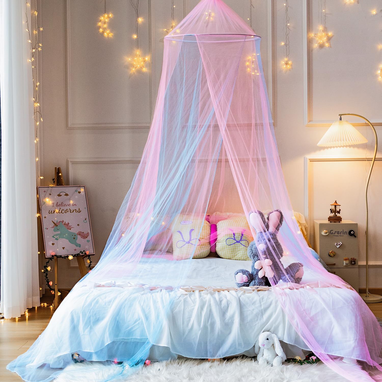 Wnqou Two-tone Bed Canopy Mosquito Net, Pink Blue Bed Net for Girls, Princess Canopy for Kids Room Decor