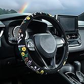 Embroidered Sunflower Lavender Cute Black Steering Wheel Cover, Auto Anti-Slip Breathable Steering Wheel Protector, Butterfly Floral Car Accessories for Women,Universal Size Fit Most Cars -15 inch