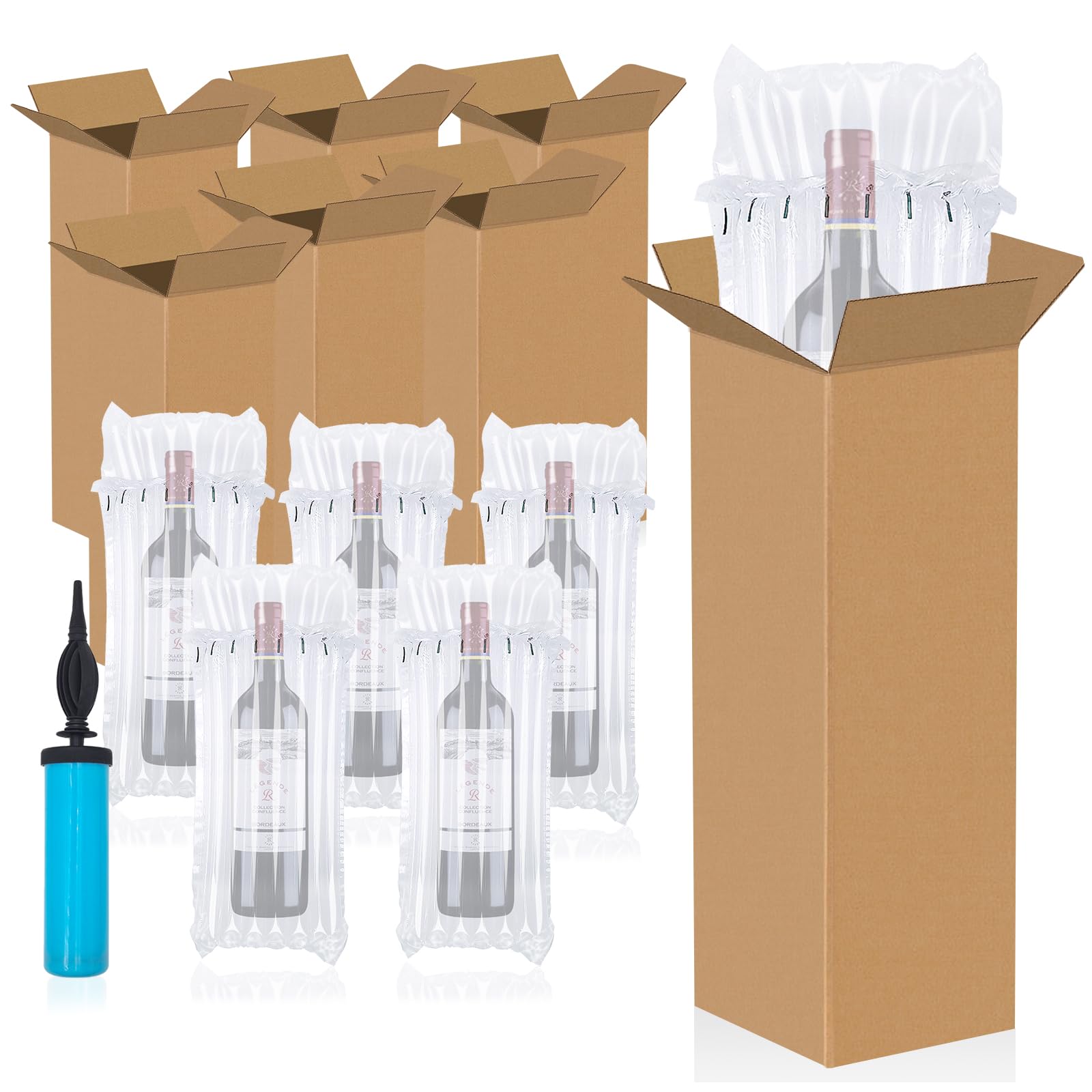 Photo 1 of 12 Sets Wine Shipping Box Kit Include Wine Packaging Boxes Inflatable Protector Bags for Shipping Travel for with Air Pump for Moving Safety Transportation of Glass Bottles