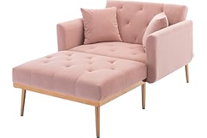 SULOPS 40.94'' Wide Modern Accent Chair with 3 Angles Adjustable Backrest+2-Pillow, Tufted Upholstered Chaise Lounge Chair, Recliner Armchair & Ottoman Set for Living Room, Bedroom (Velvet Pink-2)