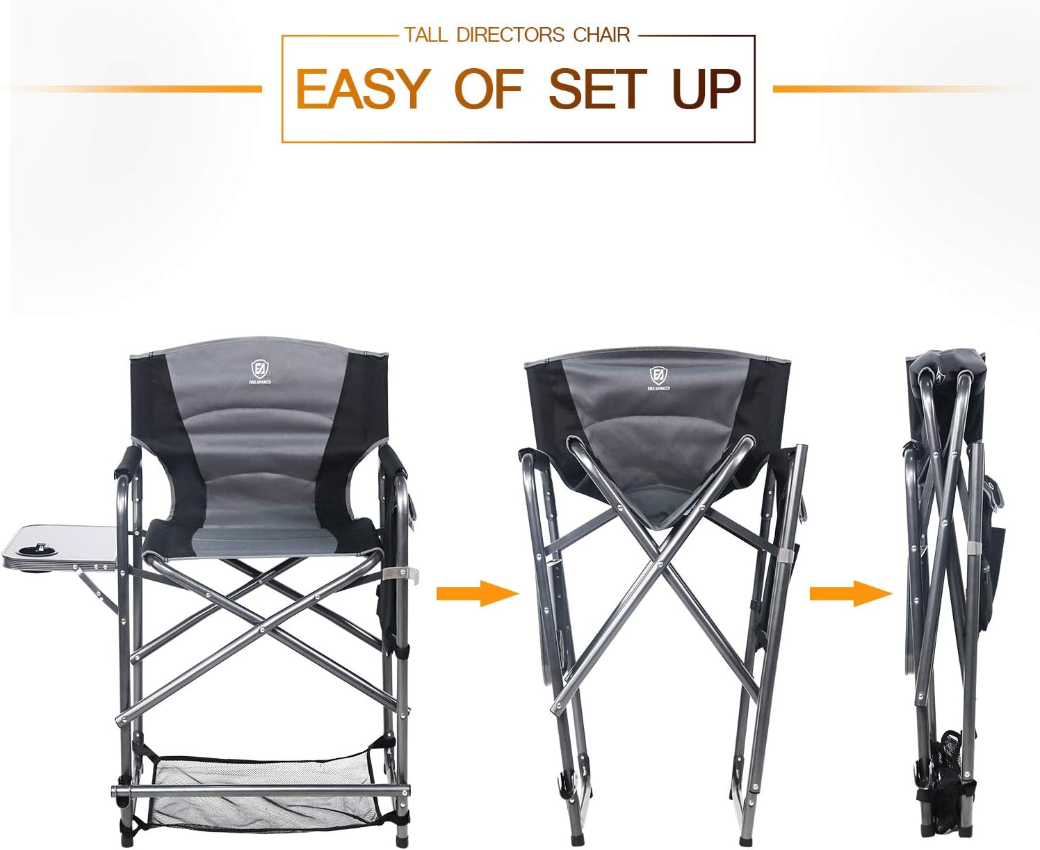 EVER ADVANCED Medium Tall Directors Chair Foldable Makeup Artist Chair Bar Height with Side Table Cup Holder and Storage Bag Footrest, Supports 300LBS (Grey, Seat Height: 23.2 inches): Furniture & Decor