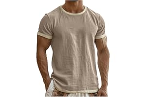 Xiaojmake Cotton Linen T-Shirt for Men Summer Short Sleeve Crew Neck Shirt Color Block Casual Loose Fit Lightweight Basic Tee