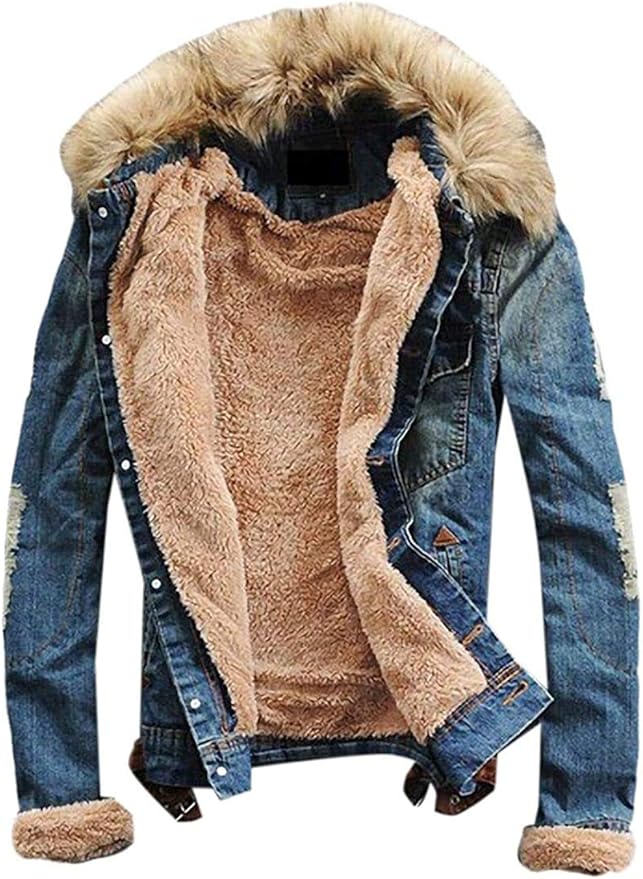 Jghsxdhg Men Fashion Washed Cotton Fleece Lined Faux Fur Collar Denim Jacket Coat Outerwear Blue 