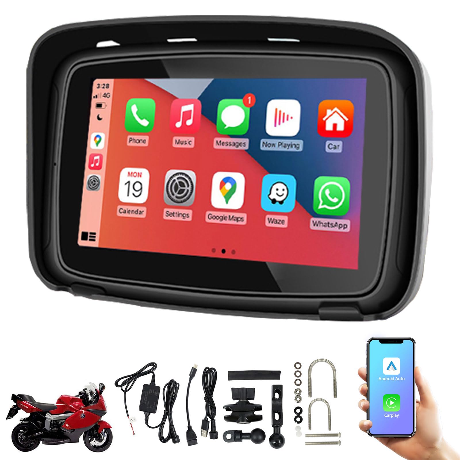 Autonano Portable Wireless Android Auto Apple CarPlay Screen 5 inch IPS Touch Screen 5V-12V for MotorCycle Motorbike Navigation Waterproof Dual Bluetooth, Google Assistant