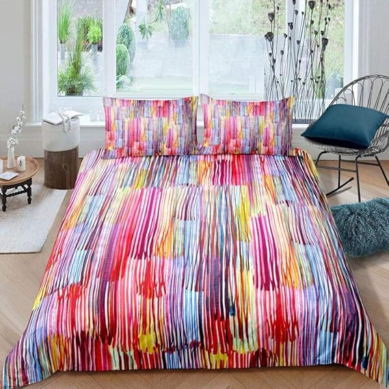 Raaooaceo® Duvet Cover Set 3D Rainbow geometric lines watercolor pattern Printed Bedding Duvet