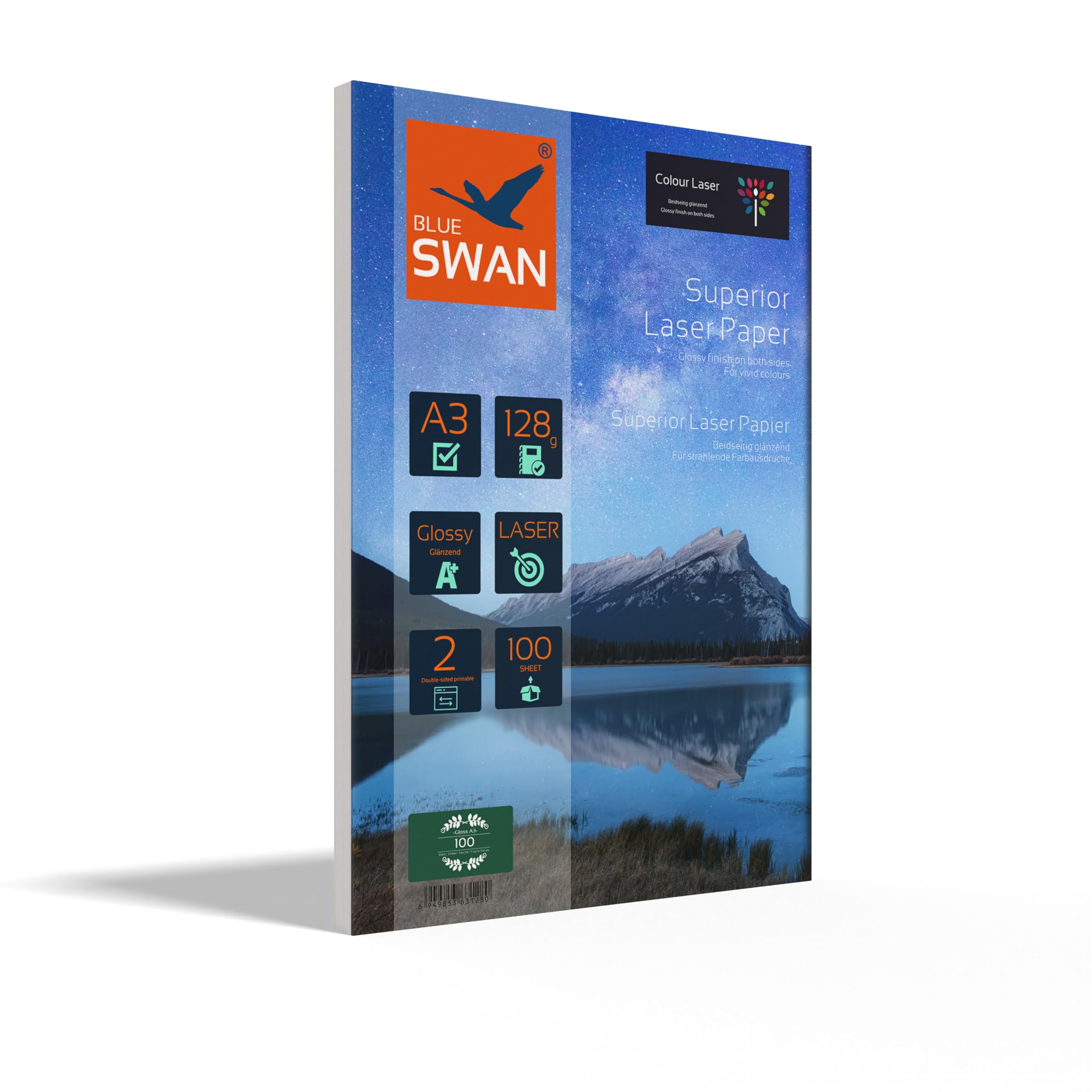 BLUE SWAN A3 Glossy Laser Paper, 128gsm, 100 Sheets – Double-Sided Glossy Finish for Flyers, Brochures, Presentations, Certificates – Compatible with All A3 Laser Printers