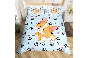 Castle Fairy Cute Corgi Bedding Set Queen Size,Cartoon Dog Footprint Bones Duvet Cover Sets 3pcs Kids Boys Girls Room Decor,Smiling Doggy Comter Cover Family Pet Quilt Cover,2 Pillowcases