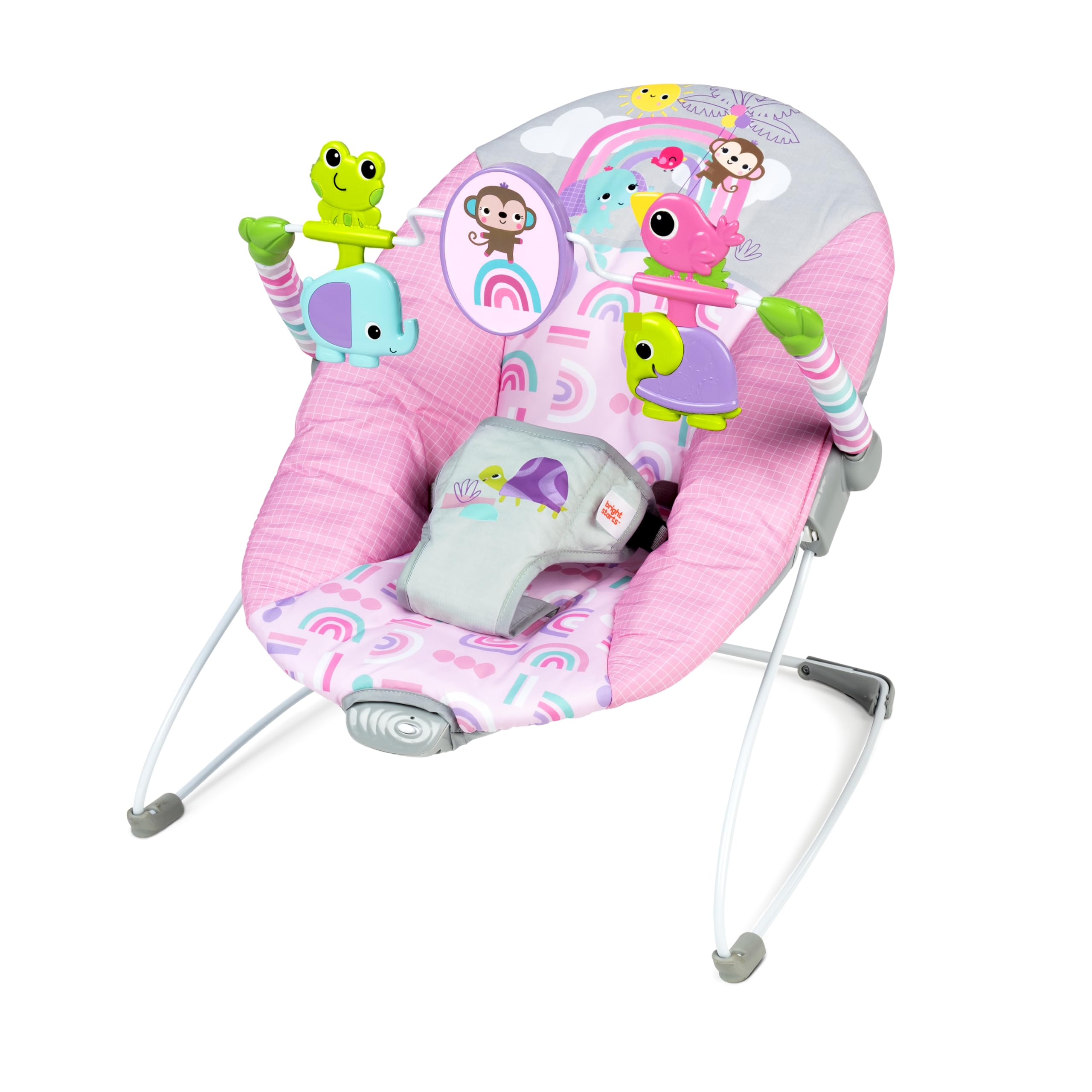 Photo 1 of Bright Starts Pink Paradise Portable Baby Bouncer with Vibrating Infant Seat and -Toy Bar, Max Weight 20 lbs., Age 0-6 Months