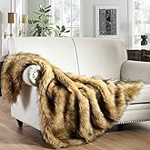 Luxury Plush Faux Fur Throw Blanket, Long Pile Golden Yellow with Black Tipped Blanket, Super Warm, Fuzzy, Elegant, Fluffy Decoration Blanket Scarf for Sofa, Armchair, Couch and Bed, 50''x 60''
