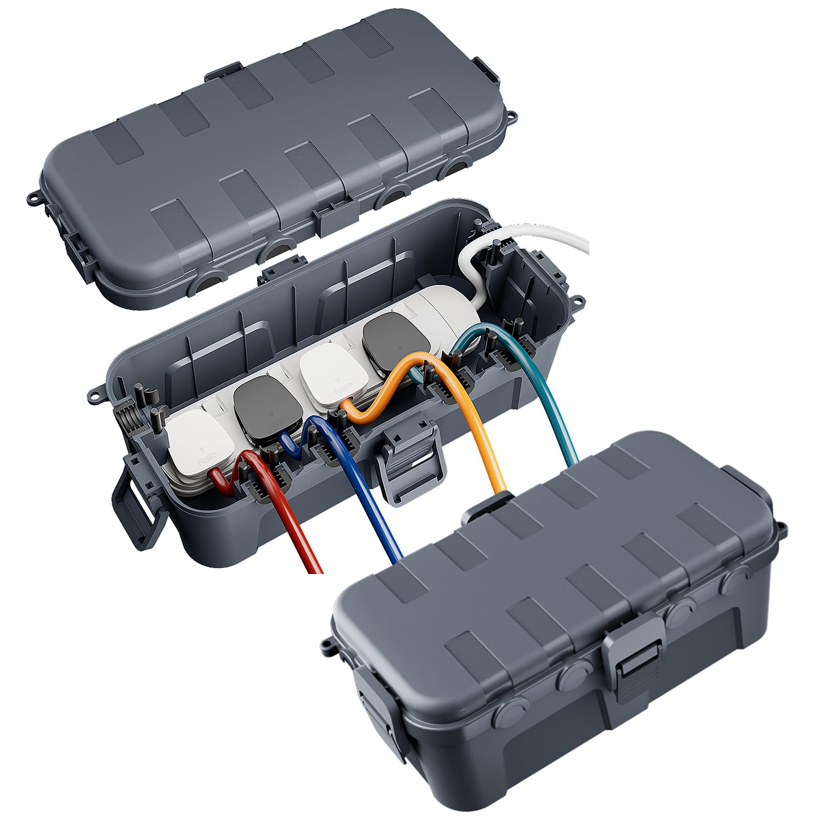 [2 PACK] RESTMO Outdoor Waterproof Box (29 × 13.2 × 10cm), IP54 Weatherproof Electrical Box for Multi Plug Extension Lead, Protect Outlet, Plug, Christmas String Lights from Water, Snow, Dust, Gray