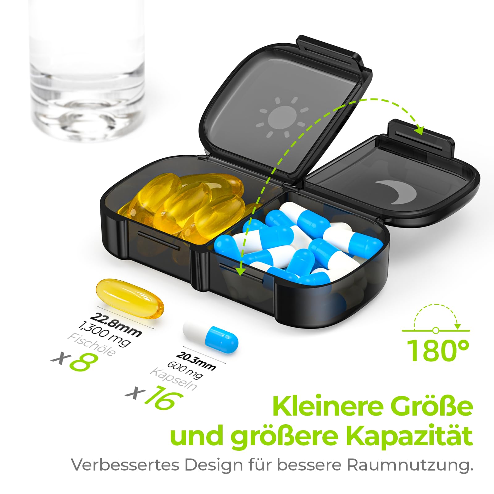 AUVON Tablettenbox 7 Tage Morgens Abends, Handlicher Medikamentenbox Pillendose mit großen Fächern & Privacy-Schutz in Schwarz - Ideal für Medikamente, Vitamine, Fischöl & Nahrungsergänzungsmittel 2