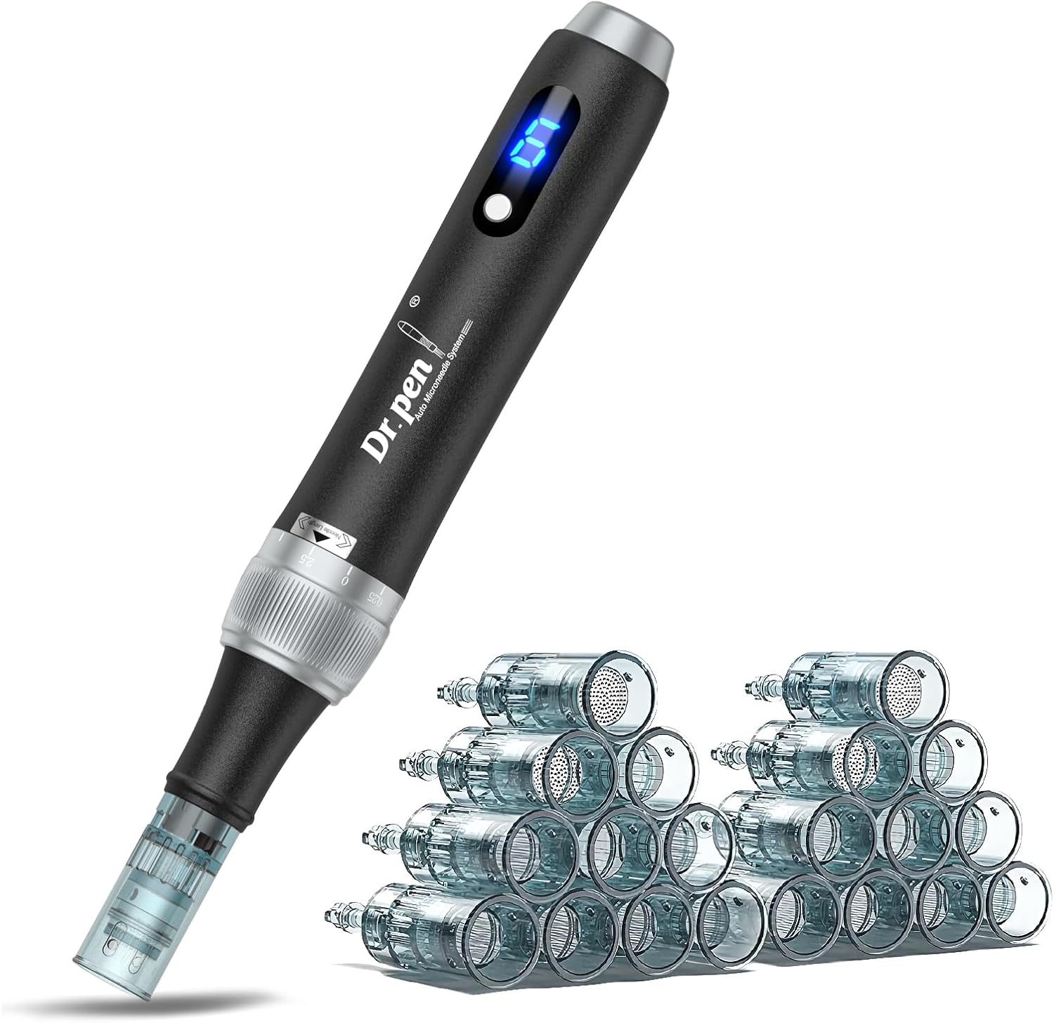 Dr.pen Microneedling Pen for Home Use - DR.PEN HANDPIECE with 20Pcs Replacement Cartridges -Professional Skin Care Tool Beauty Kit for Man and Women - 0-2.5mm - Dermal Roller Stamp Pen for Face, Hair, Beard, Scalp