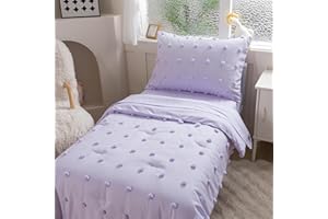 Caressma Lavender 4 Pieces Toddler Bedding Set - Lovely Pom Pom Tufted Comforter Set for Girls - Includes Purple Comforter, Fitted Sheet, Flat Sheet & Pillow Case