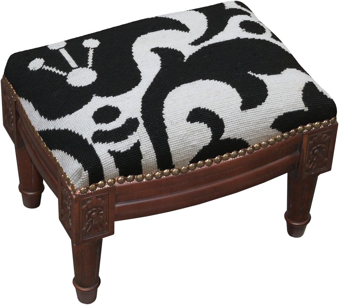 SketchONE Wool Needlepoint Upholstered Footrest, Damask, Black