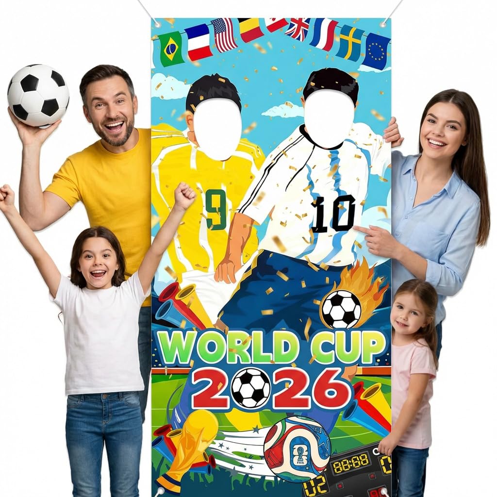 World Cup 2026 Photo Door Banner,180x90cm Football Face in Hole Backdrop,Large World Cup Football 2026 Decorations for Fan Zone&Pub,Fun World Cup 2026 Merchandise&Football Posters