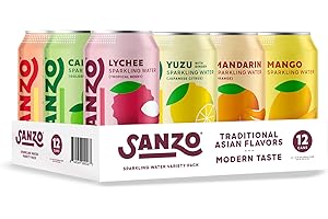 Sanzo Flavored Sparkling Water Variety Pack - Yuzu Lemon Soda, Calamansi Lime Seltzer Water, Pomelo Grapefruit Soda, Mango Sparkling Drink, Lychee Carbonated Drinks, Mandarin Orange - 12oz, 12 Pack