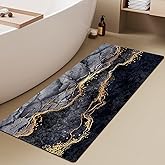 Azppsad Extra Long Bath Rug, Black Marble and Golden Veins Decor Non Slip Bath Runner Rug with Rubber Backing, Thin Absorbent Quick Dry Bath Mats for Bathtub Bathroom Kitchen, 15.7x47.2 inch