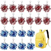 PLIGREAT 24 Pcs Cheer Pom Pom Keychain Blue Red Cheerleading Keyring Charm Bulk Cheerleader Gifts Cheerleader Keyring Foil with Keychain Hooks for Women Cheer Bag Accessories