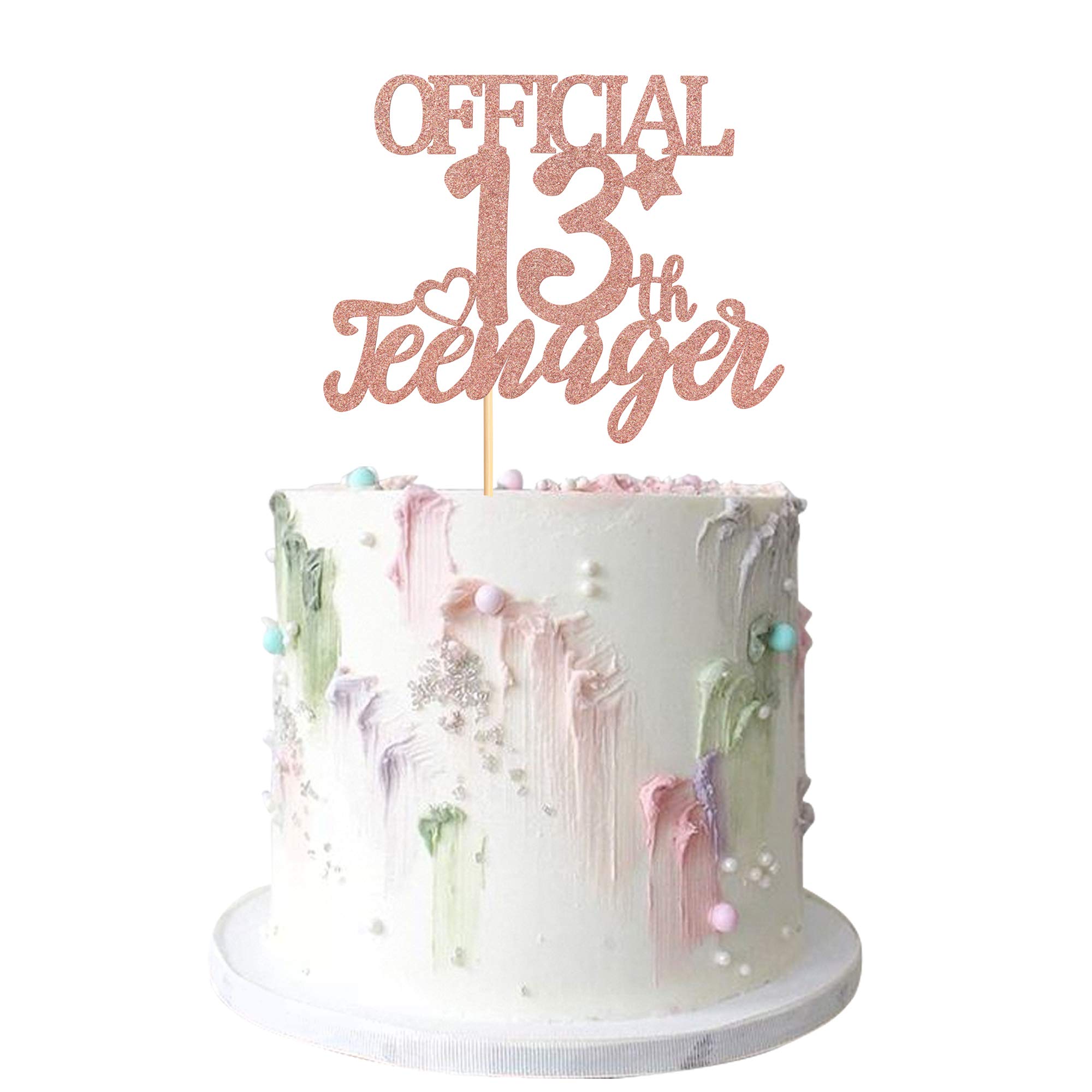 N&A Rose Gold Glitter Officially A Teenager 13 Cake Topper - 13th Birthday Party Decoration Supplies