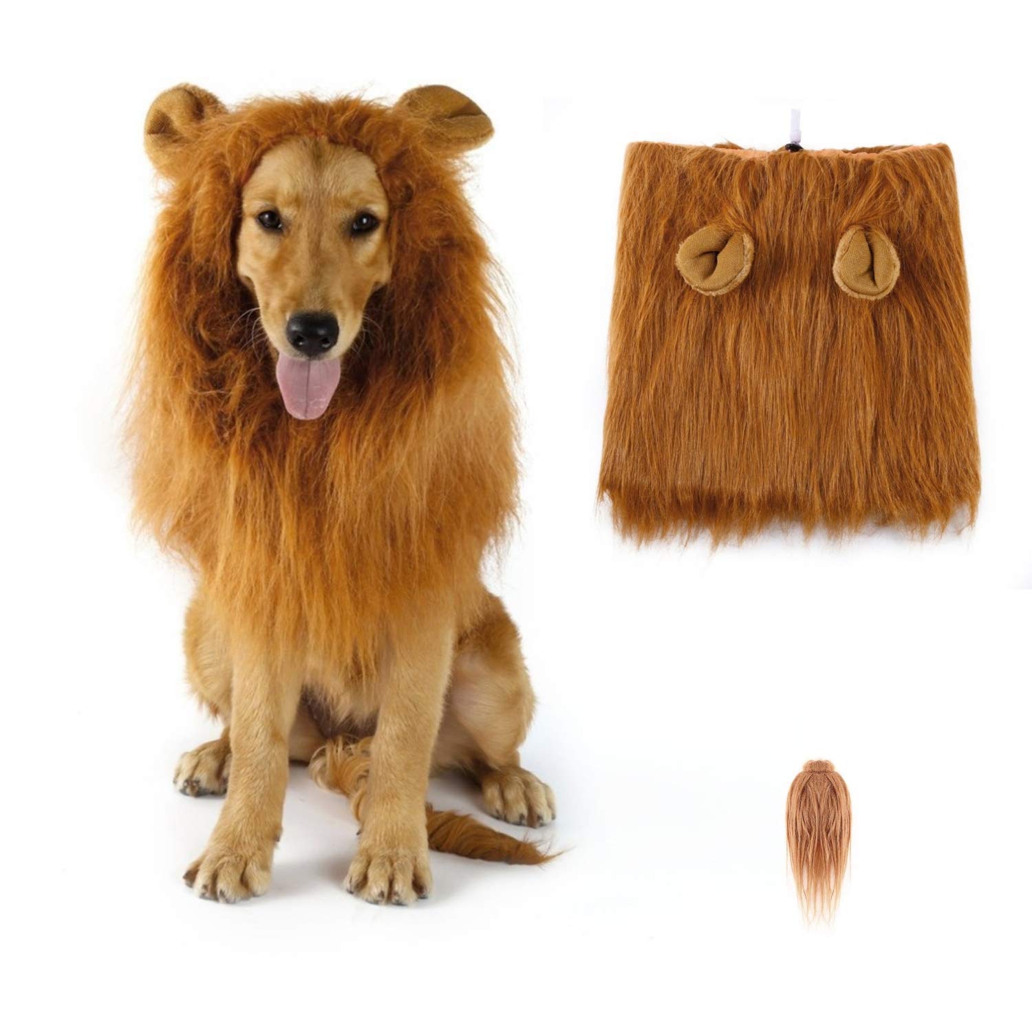 SUNREEK Dog Lion Mane Wig Costume with Ears & Tail, Fancy Lion Hair for Medium to Large Dogs, Halloween Costume, Party Festival Occasion
