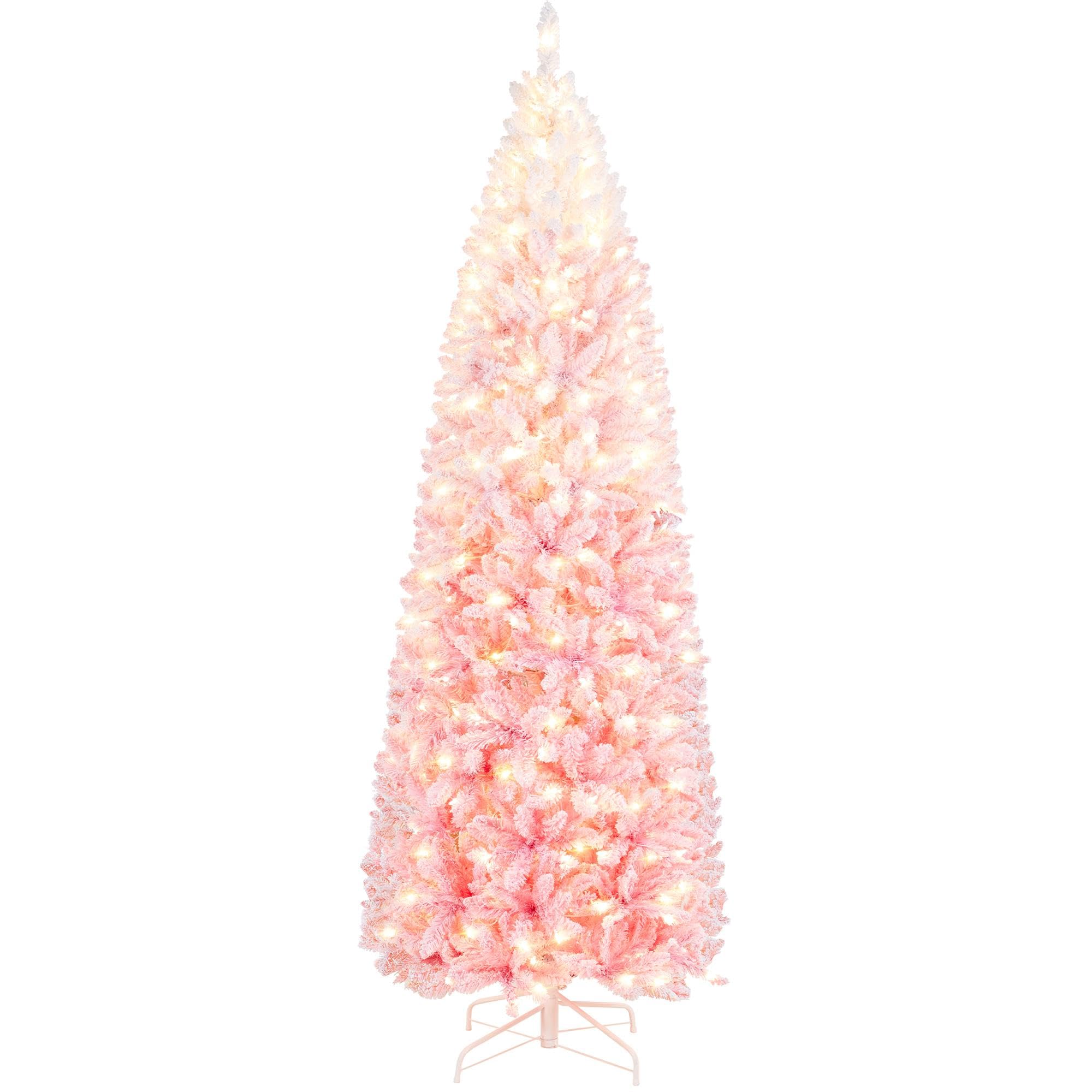 Yaheetech 7.5ft Pre-lit Snow Flocked Pencil Christmas Tree Kingswood Fir Hinged Slim Skinny Corner Xmas Tree with 350 Incandescent Warm White Lights & Snow Branch Tips, Pink Gradient Image