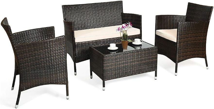 Amazon Com Bestcomfort 4 Piece Outdoor Patio Furniture Set Wicker Conversation Set Sectional Sofa Rattan Wicker Chair Glass Coffee Table For Backyard Porch Poolside Balcony Garden Garden Outdoor