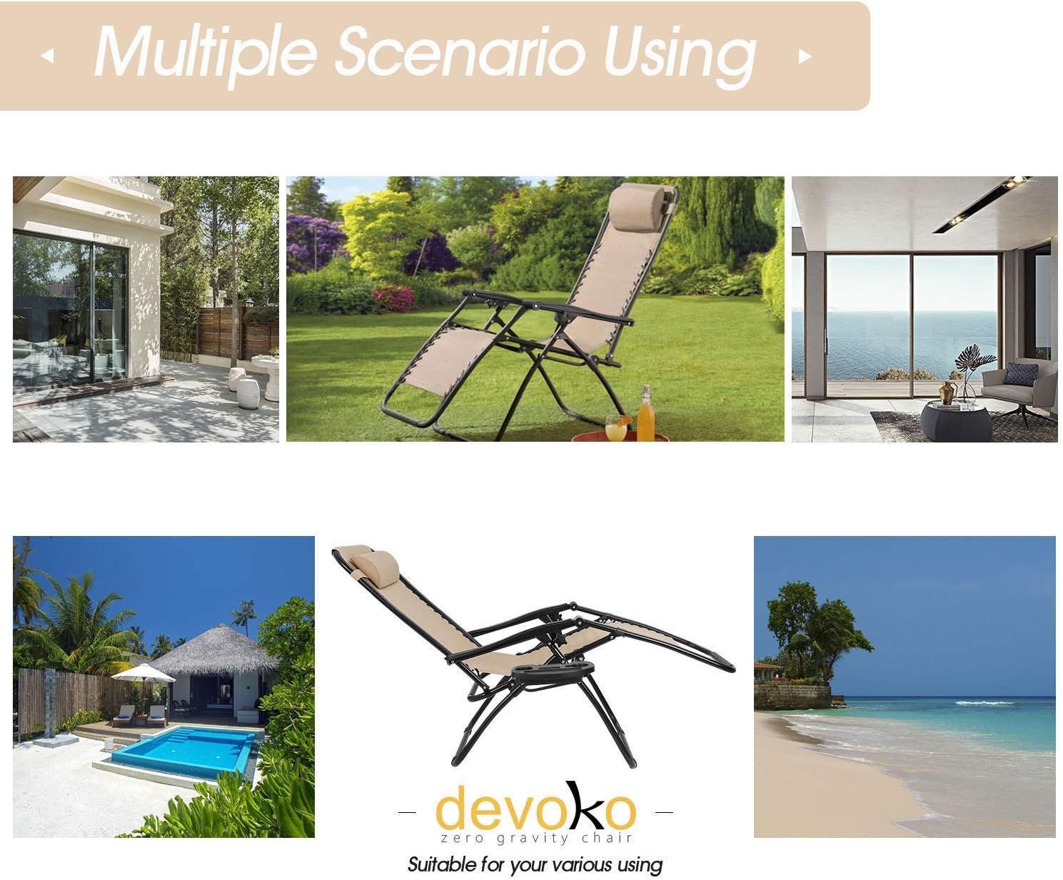 Devoko Patio Zero Gravity Chair Outdoor Folding Adjustable Reclining Chairs Pool Side Using Lawn Lounge Chair with Pillow Set of 2 (Beige) : Garden & Outdoor