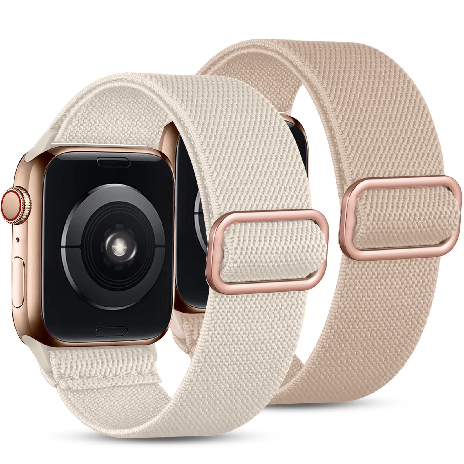 JUVEL Pack 2 Strap Compatible with Apple Watch Strap 41mm 40mm 38mm, Nylon Sport Stretch Elastic Replacement Solo Loop for iWatch SE Series 8 7 6 5 4 3 2 1, 41mm/40mm/38mm, Starlight/Milktea