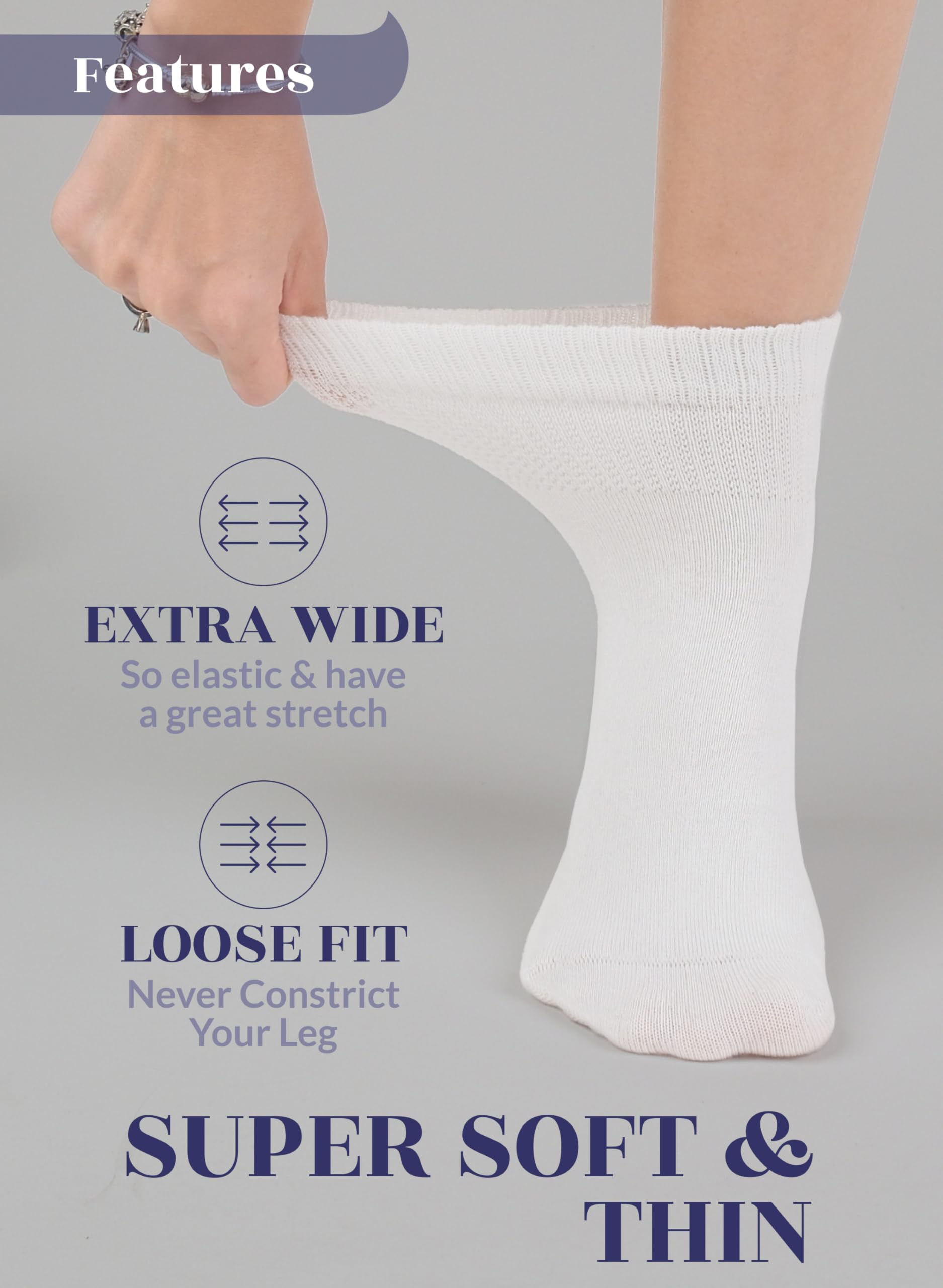 Hugh Ugoli Diabetic Socks for Women, Extremely Soft, Rayon derived from Bamboo, Ankle, Thin, Wide, Loose, Non-Binding Top
