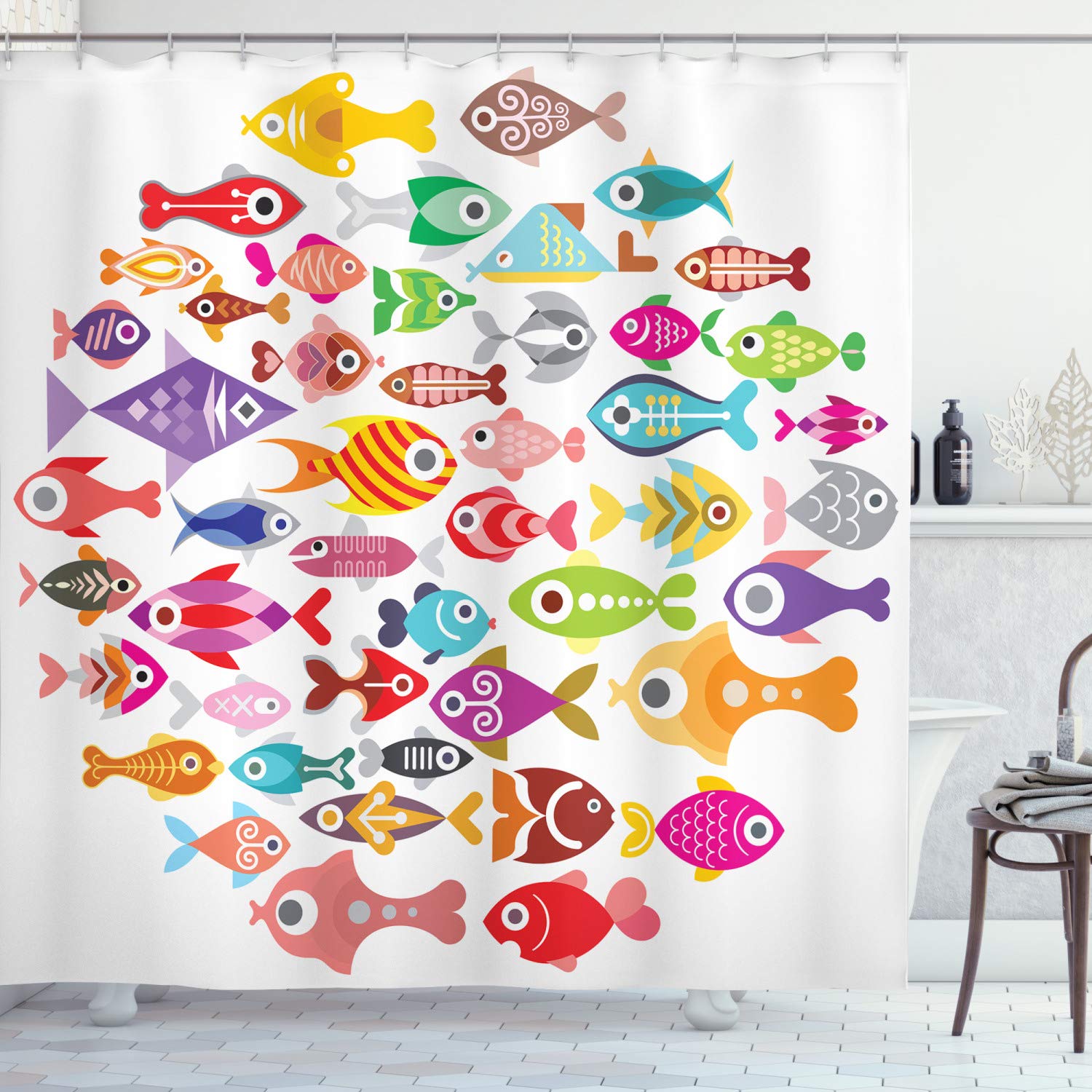 ABAKUHAUS Fish Shower Curtain, Rounded Different Size Type Fish Motifs Underwater World Exotic Fauna Gills Design, Cloth Fabric Bathroom Decor Set with Hooks, 94 Inches, Multicolor