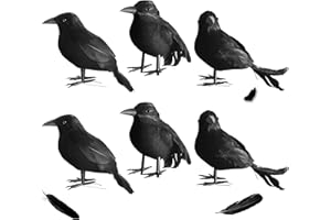 yumhum 6 Packs Real Feathered Halloween Black Crows, Handmade Realistic Crow with Real Feathers Halloween Raven Black Birds for Yard Tree Garden Patio Indoor Outdoor Halloween Decorations