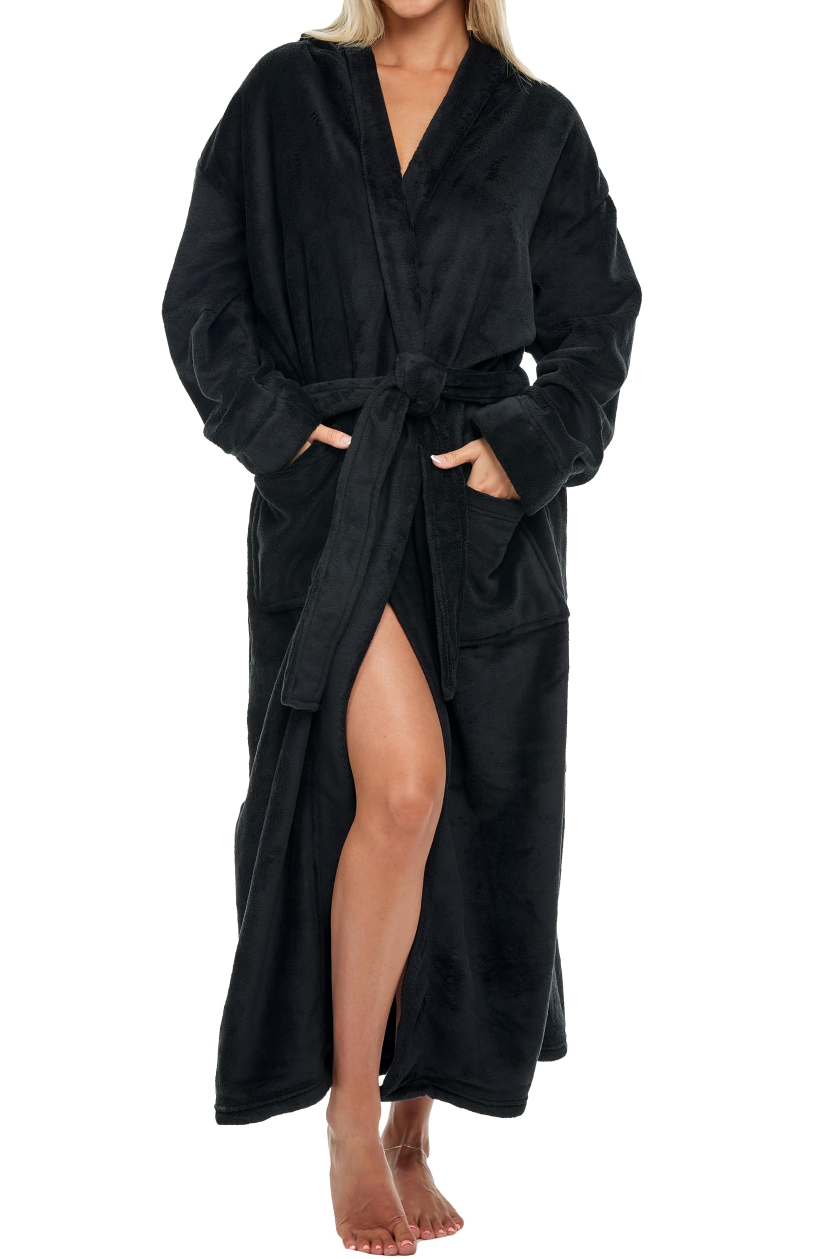 Alexander Del Rossa Womens Robe, Long Plush Bathrobe with Hood, Hooded Robes for Women Plus Size Bath Robe, Black, 3X Image