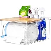 iCASA Trash Bag Dispenser Under Sink Organizer, 2-in-1 Acrylic Trash Bags Holder with Bamboo Lid, Holds Large Rolls up to 100 Count, Garbage Bag Storage Container for Kitchen, Pantry, Laundry Room