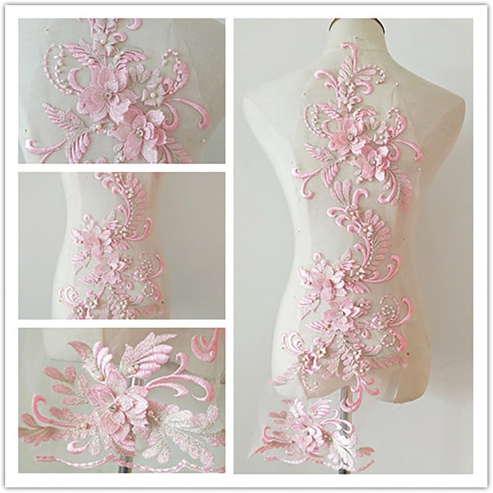 3D beaded flower sequence lace applique motif sewing bridal wedding 3in1 20cmx72cm (Light Pink)
