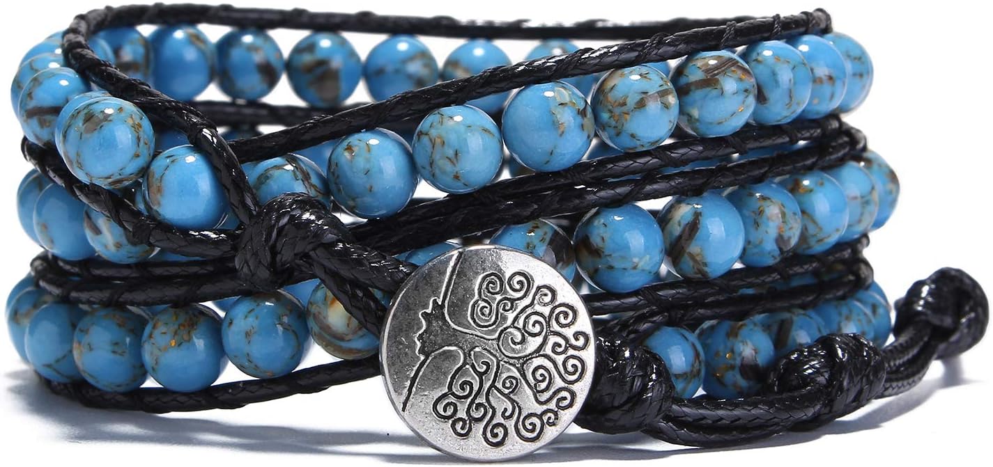 Wrap Bracelet Gemstone Bangle Bracelet Tree of Life Leather Wrap Beaded Bracelet 3 Wrap Adjustable