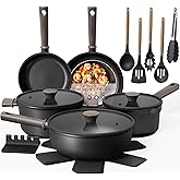 Astercook Non Stick Pots and Pans Set, Healthy Non-Toxic Titanium Induction Kitchen Cookware Sets for Cooking with Frying Pans, PFAS/PTFE/PFOA & PFOS Free, Black, 19 Pcs