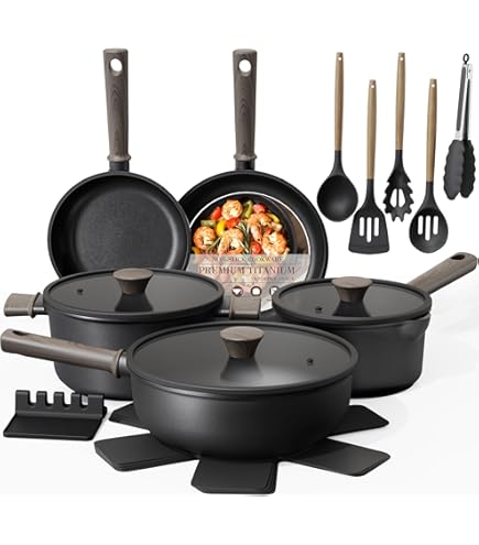 Juego de utensilios de cocina de inducción de 14 piezas con piedra antiadherente, granito, color gris