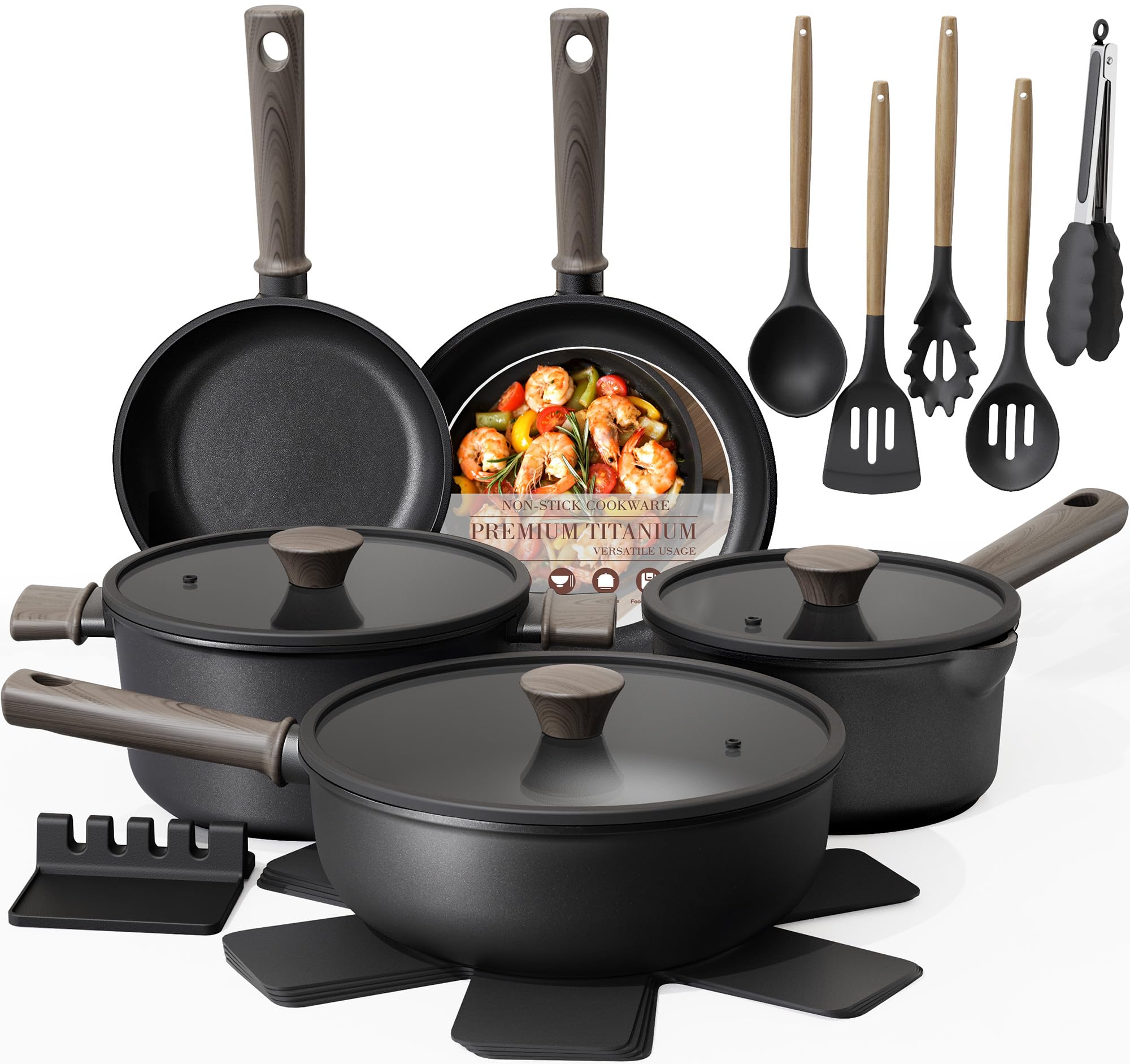 Photo 1 of Astercook 19 Pcs Pots and Pans Set Non Stick, Black Titanium Induction Kitchen Cookware Sets, Non toxic Healthy Non Stick Kitchen Cooking Set with Frying Pans Set, PFAS PTFE PFOA PFOS Free