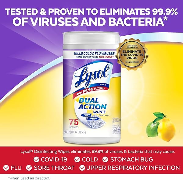 LYSOL DUAL ACTION DISINFECTANT WIPES, MULTI-SURFACE ANTIBACTERIAL SCRUBBING WIPES, DORM ROOM ESSENTIALS, CITRUS SCENT, 75CT (PACK OF 4), PACKAGING MAY VARY