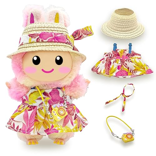 Cute 17cm Doll Clothes Set 4Pcs Kawaii Dresses with Free Hat, Camera, Silk Scarf, and Pendant Accessories（NO Doll） (Pink)
