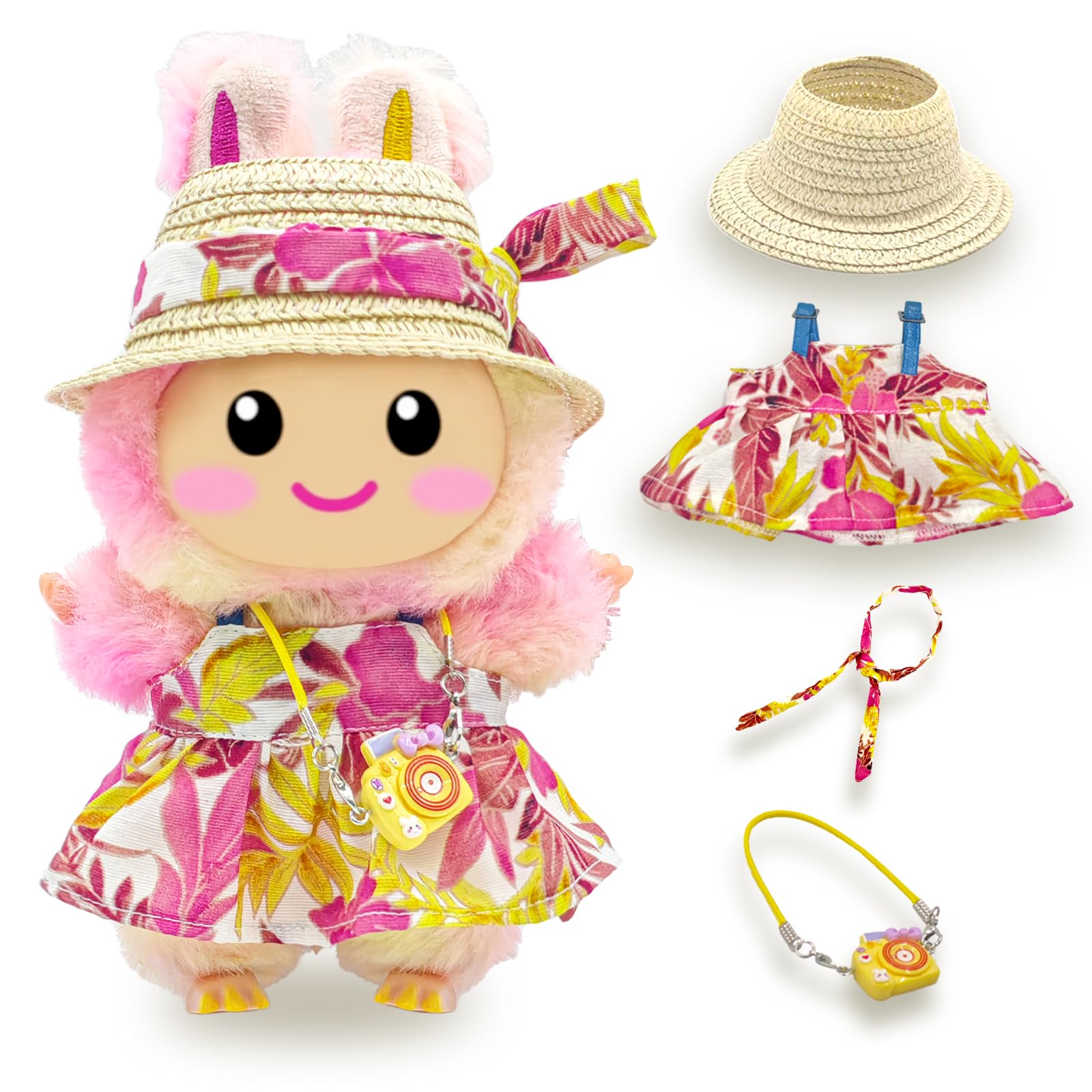 Cute 17cm Doll Clothes Set 4Pcs Kawaii Dresses with Free Hat, Camera, Silk Scarf, and Pendant Accessories（NO Doll） (Pink)