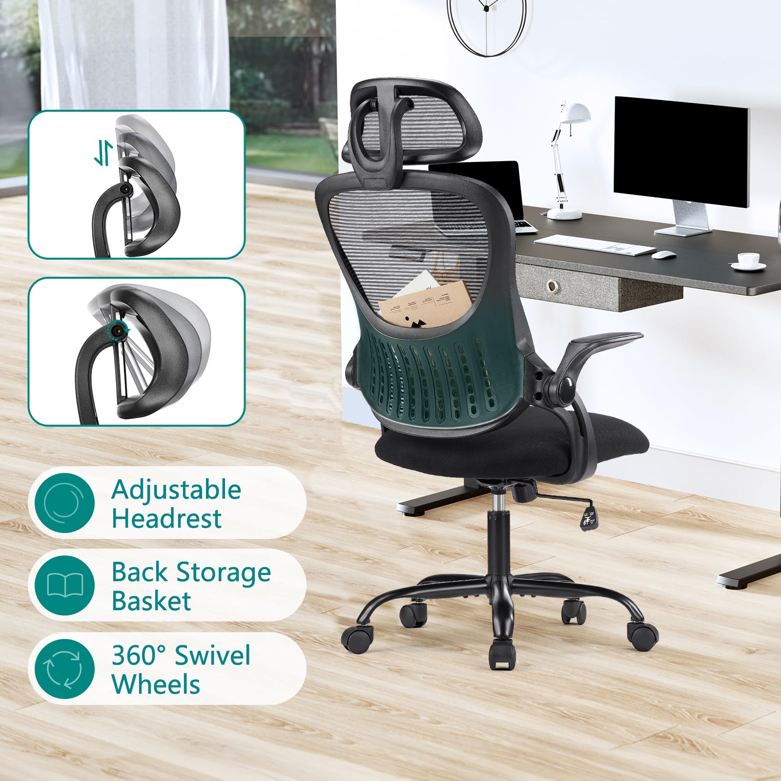 SMUG Home Office Desk Chair, Ergonomic Computer Managerial Executive Chairs High-Back Work Swivel Task Chairs with Wheels, Lumbar Support, Comfy Flip-up Armrest for Gaming, Study, Student, Black - Image 4