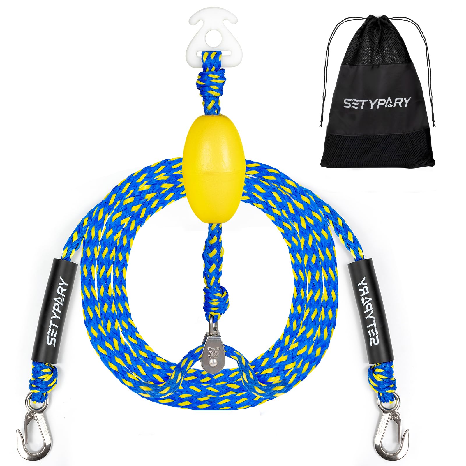Photo 1 of SETYPARY Boat Tow Harness for Tubing, Self Centering Tow Harness for 1-4 Riders Towable Tubes, Floating Boat Tow Rope for Watersports (Blue & Yellow)
