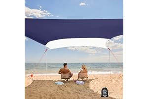 WEKAPO Beach Shade Canopy, 10x10 FT Beach Tent Sun Shelter with 4 Poles, Large Sand Shovel and Ground Pegs, UPF 50+ Outdoor Shade for Camping Trips, Fishing (Navy, 10x10 FT 4 Pole)