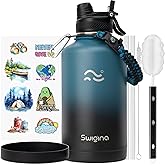 Swigina [2-IN-1 LID] 64 oz Insulated Water Bottle with Silicone Boot (48hrs Cold/24hrs Hot) - DIY Stickers, Leakproof, BPA Free, Half Gallon