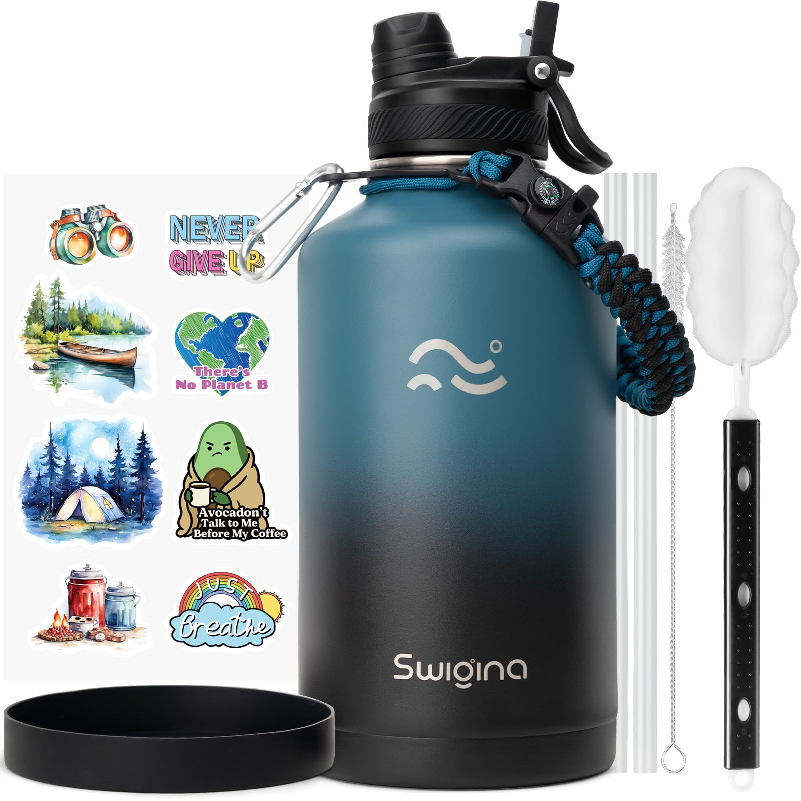Photo 1 of ***DAMAGED DENTED-SELLING AS IS***

Swigina [2-IN-1 LID] 64 oz Insulated Water Bottle with Silicone Boot (48hrs Cold/24hrs Hot) - DIY Stickers, Leakproof, BPA Free, Half Gallon