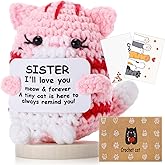 Peryiter Positive Cute Crochet Cat Gifts for Sister Mini Funny Support Knitted Animals with Wood Base Emotional Birthday Gifts Basket Stuffers Desk Decor